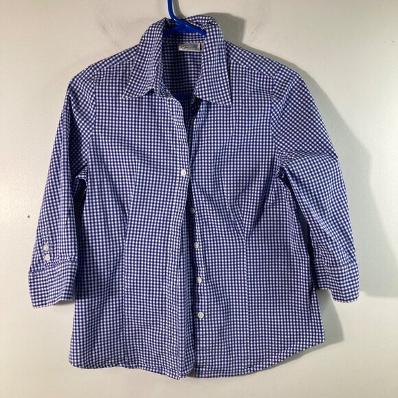 Womens Kim Rogers Gingham Button Shirt Blue White M 1/2 Sleeve Stretch - Picture 1 of 9
